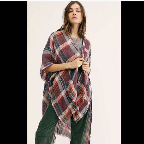 Free People Kimono Plaid Oversized wine green O/S - Picture 5 of 6
